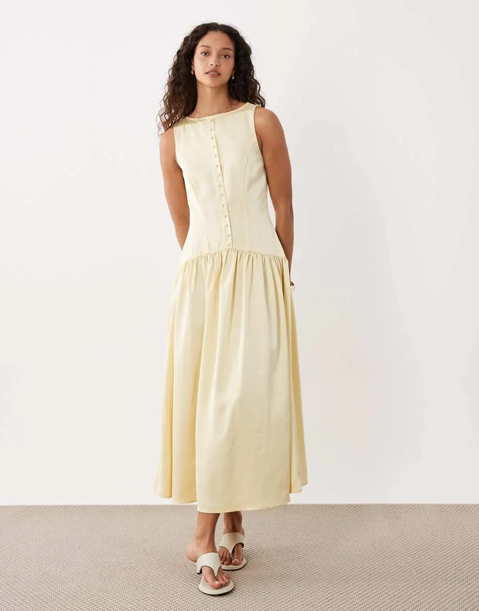 Pretty Lavish satin button down drop waist midaxi dress in lemon