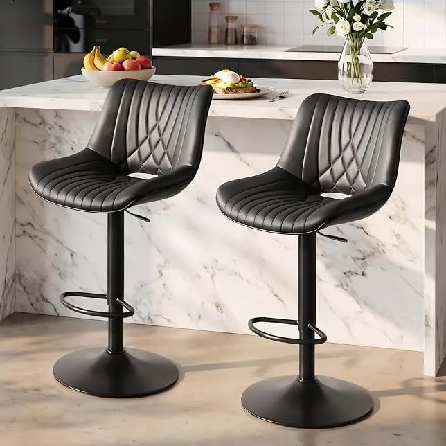 VATROS Swivel Bar Stools Set of 2, Height Adjustable Counter Height Bar Stools with Open Back and Footrest, Premium Faux PU Leather, Modern Upholstered Bar Chairs for Kitchen Isl…
