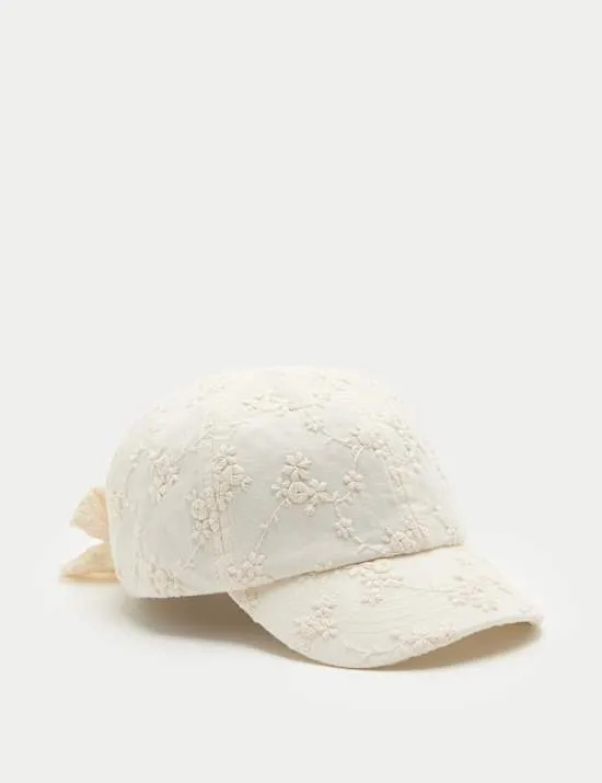 Kids' Pure Cotton Broderie Bow Back Cap (3-13 Yrs)
