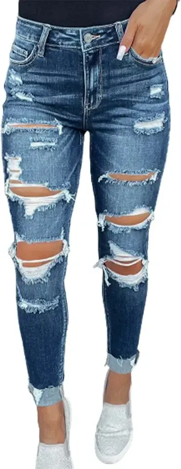 Women's Ripped Mid Waisted Boyfriend Jeans Loose Fit Distressed Stretchy Denim Pants