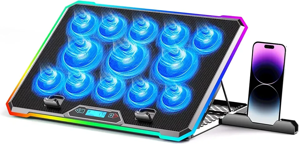 Gaming Laptop Cooler with 13 Ultra Quiet Fans, LCD Screen and Multi Color RGB - 10 Lighting Modes, 9 Adjustable Heights, Dual USB Ports, Built in Phone Holder for 15 to 21 Inch Laptops on Desk or Lap