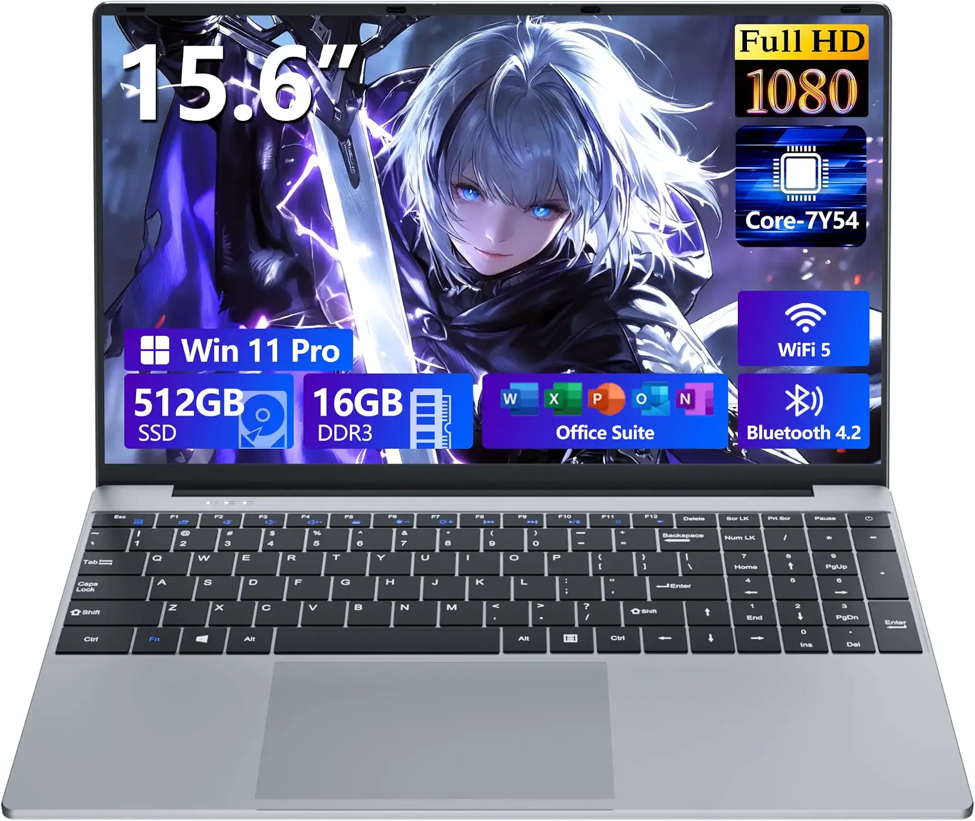 Laptop, 15.6 inch Laptop Computer Core i5-7Y54(Up to 3.20 GHz), Win 11 Pro Lap Top, 16GB RAM 512GB SSD PC, Office 365, FHD 1920 * 1080,UHD Graphics, Backlit KB, 180°Open, WIFI5, BT4.2, 38.5Wh Battery