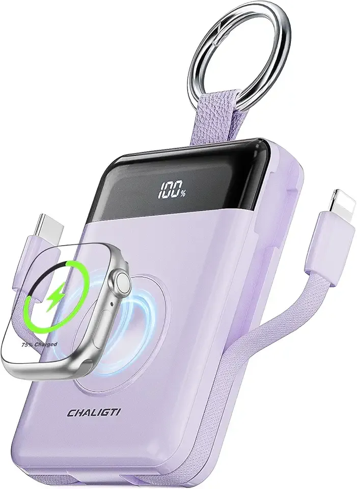Portable Charger,5000mAh PD 20W Super Fast Charging Power Bank with Built-in Cables,Travel Keychain Battery Pack for Apple Watch Ultra/11/10/9/8/7/6/SE,iPhone 17/16/15/14/13/12 (Purple)