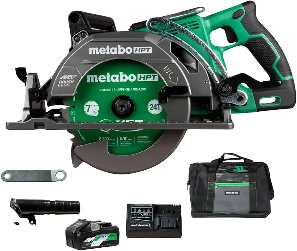 Metabo HPT 36V MultiVolt 7-1/4 Inch Rear Handle Circular Saw, Cordless Circular Saw with 36V Battery, Lightweight Design, 53° Bevel Capacity, Brushless Motor, Electric Brake, C3607DWA