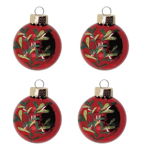 Enchanted Forest® 2.75" Red with Green Foliage Glass Ornaments - 4 Pack