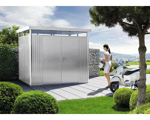 Plechový zahradní domek Biohort HighLine H2 dvoukřídlé dveře 254 x 174 cm stříbrný metalický