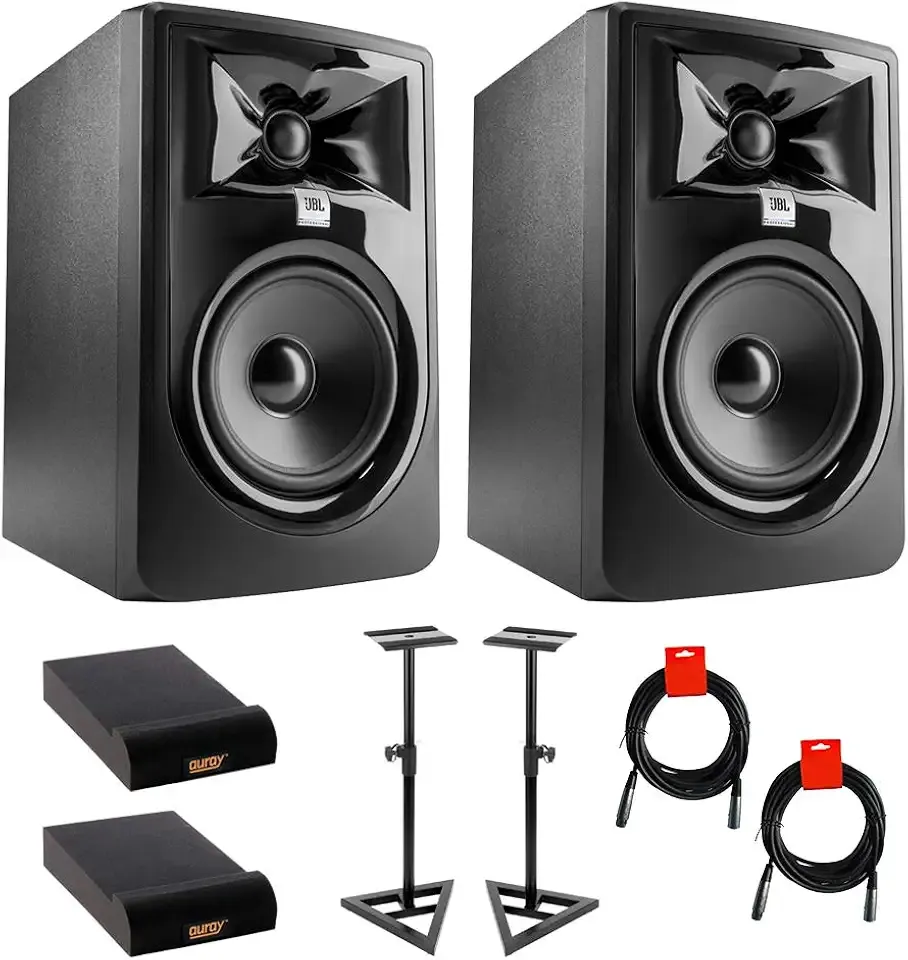 JBL 305P MkII Powered 5" Studio Monitor (Pair) Bundle with Studio Monitor Stands (Pair), 2X Small Pads & XLR-XLR Cable