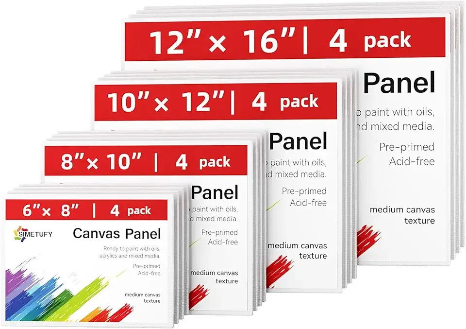 Simetufy 16 Pcs Canvas for Painting 4 Each of 6x8, 8x10, 10x12, 12x16 Canvas Boards 100% Cotton Blank Paint Canvas Panels for Oil Acrylic Watercolor, Acid-Free for Kids & Artists Gift