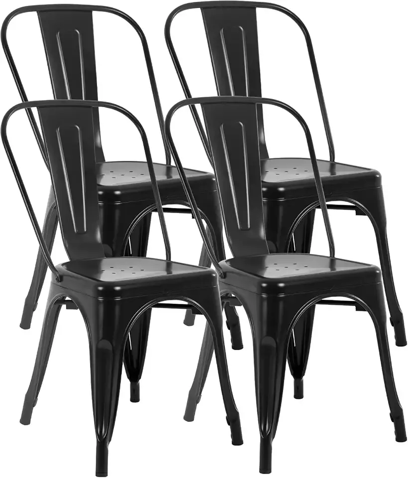 FDW | Metal Dining Chairs | Set of 4, Black | 330lbs Load | Stackable Tolix Side Chairs with Backrest | Non-Slip Feet | Indoor/Outdoor Use | Ideal for Kitchen & Restaurants