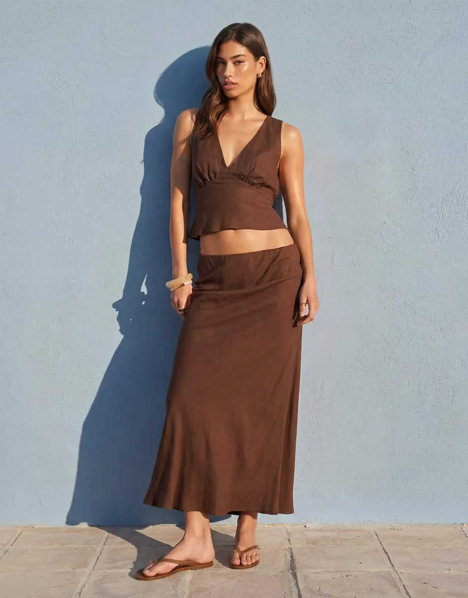 ASOS DESIGN linen blend halter top in chocolate