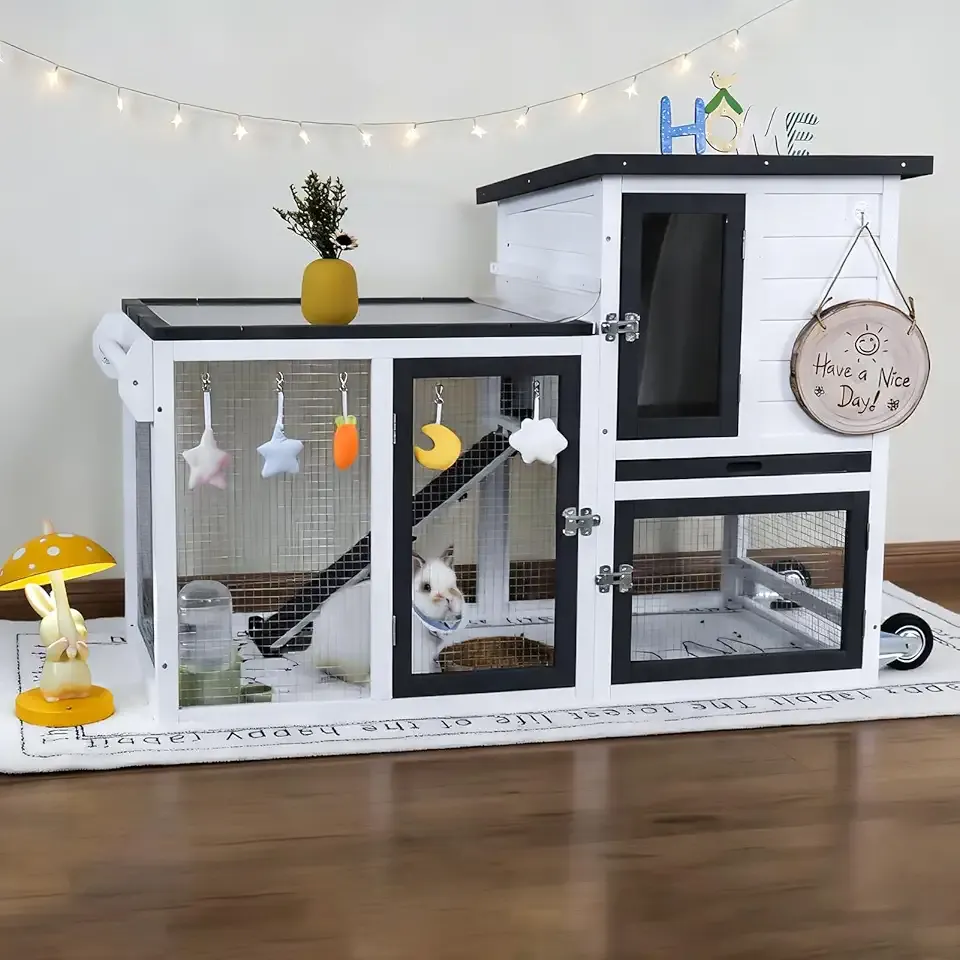 Bunny Hutch Outdoor with Chew-Proof Aluminum Frame 2-Story Indoor Rabbit Hutch Wooden with Wheels and Slide-Out Tray