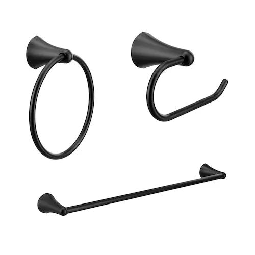 Hollyn 3-Piece Bathroom Hardware Set (Paper Holder, Towel Ring, 24-in Towel Bar) in Matte Black