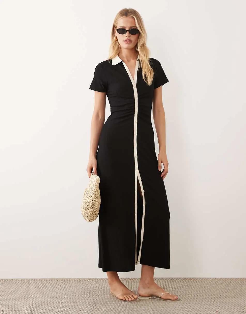ASOS DESIGN button front cap sleeve midi dress with contrast tipping in black
