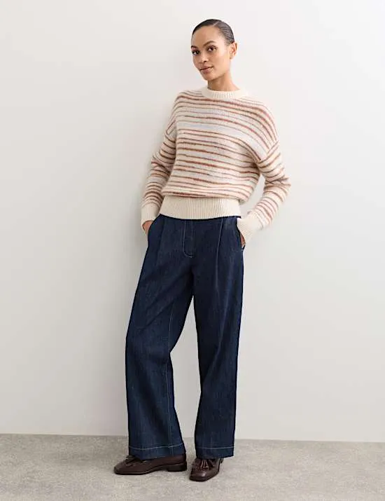 Denim Pleat Front Wide Leg Trousers