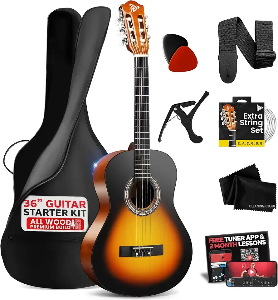 Pyle Beginner Acoustic Guitar Kit, 3/4 Junior Size All Wood Build Nylon String Instrument with Capo, Strap, Extra String Set, Gig Bag, Guitars for Beginners Adults Youth, 36" Sunburst Teardrop Gloss