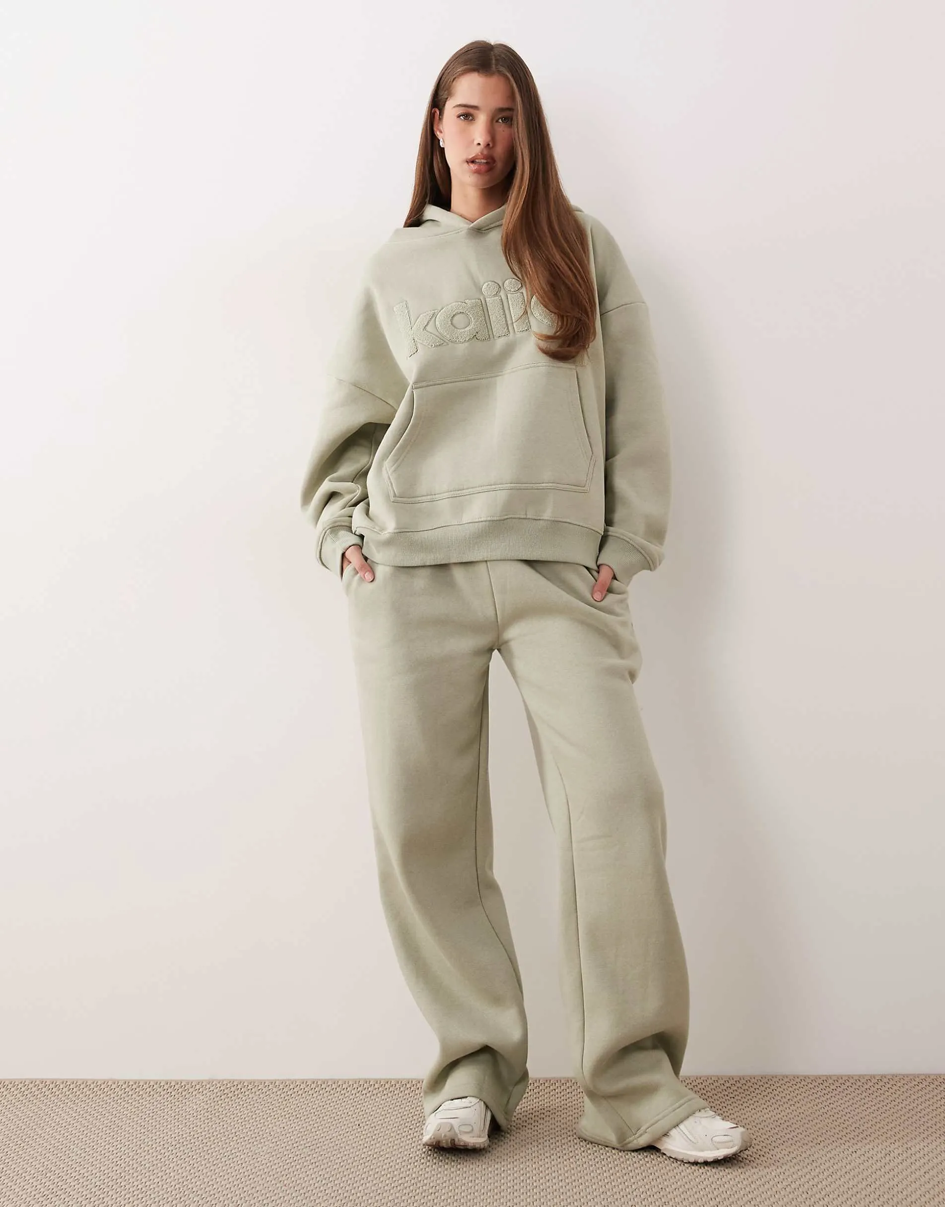 Kaiia cotton rich oversized borg logo hoodie co-ord in sage green