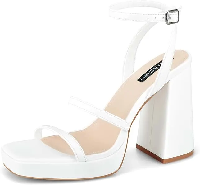 MIRAAZZURRA Platform Strappy Heel Sandals Square Open Toe Two Strap Chunky High Heeled Sandals with Buckle Ankle Strap for Women Party Wedding Dress