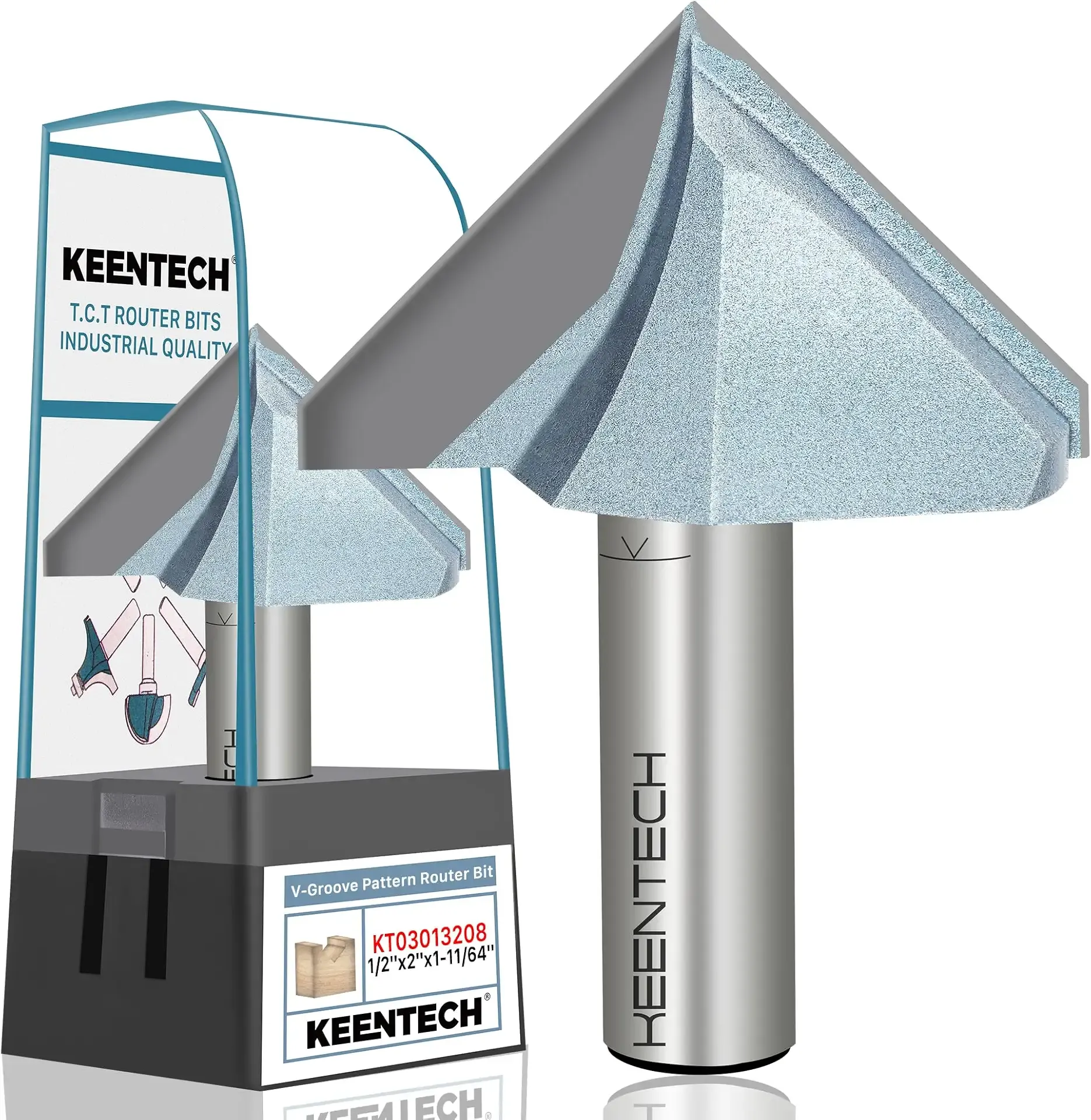 KEENTECH 90 Degree V Groove Router Bit for Woodworking with 1/2" Shank, Industrial Grade Carbide, 2" Diameter x 1-11/64" Cutting Depth, with Storage Case