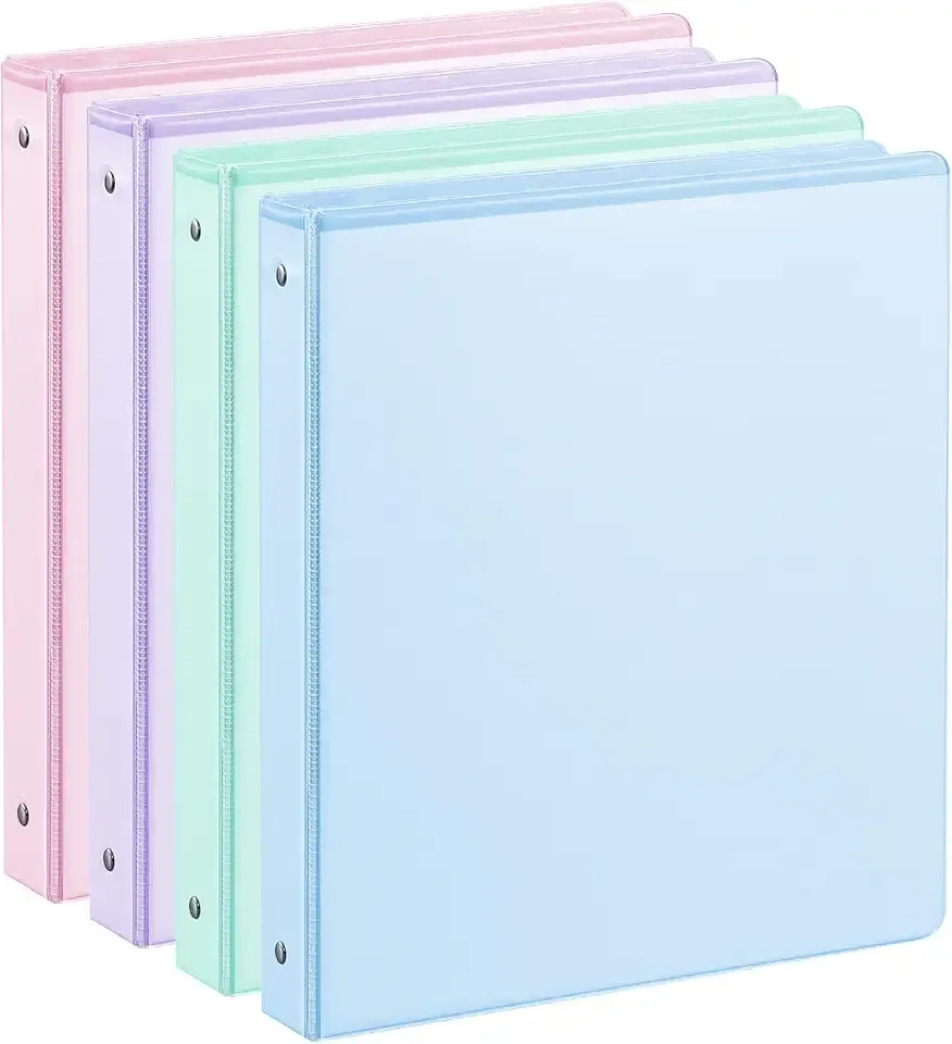SUIN 1 Inch 3 Ring Binder, Clear 1'' View Binders with 2 Pockets, Fits 8.5 x 11 Letter Size, Durable Polypropylene, Non-Stick & PVC-Free for School, Office & Home (Pastel Blue, Green, Purple and Pink)