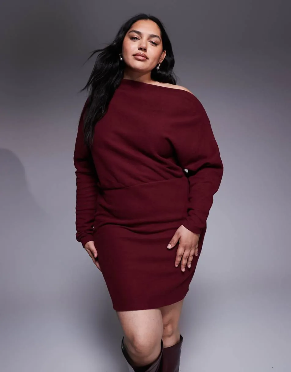 ASOS DESIGN Curve supersoft long sleeve fallen shoulder mini dress in mulberry