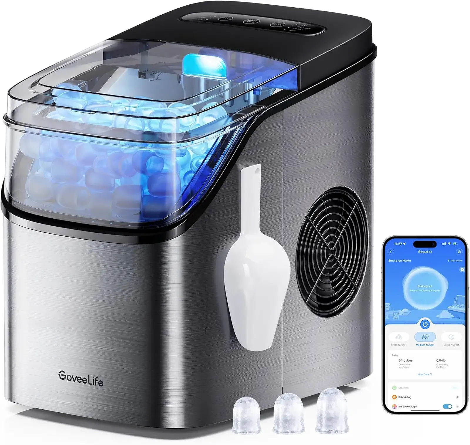 GoveeLife Smart Ice Maker Countertop, Portable Ice Machine with Voice Control, 9 Ice Cubes in 6 Minutes 3 Sizes, 26lbs/24Hrs, Self Cleaning RGB Lights, Quiet Ice Maker with Scoop for Kitchen Silver