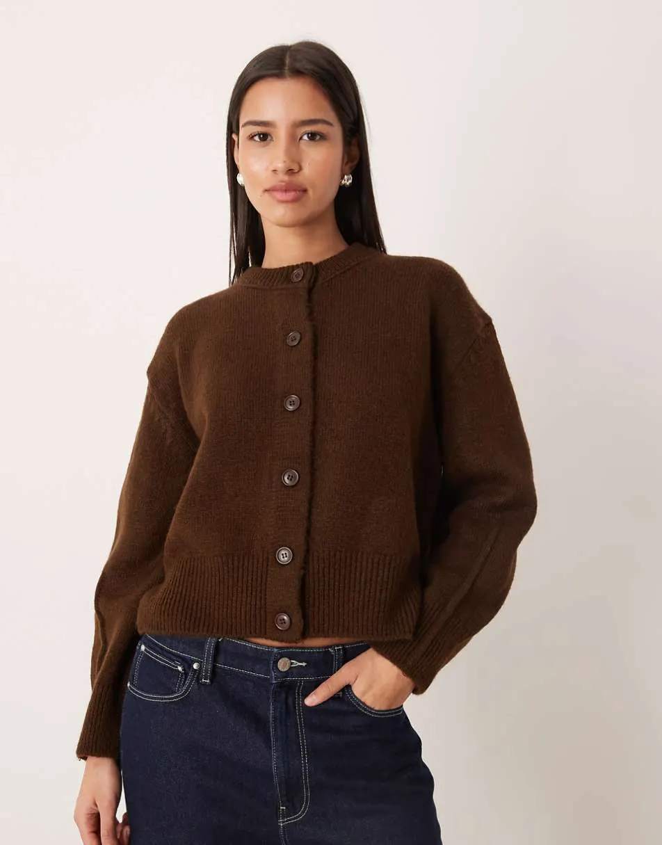 ASOS DESIGN boxy crew neck cardigan with side split detail in chocolate