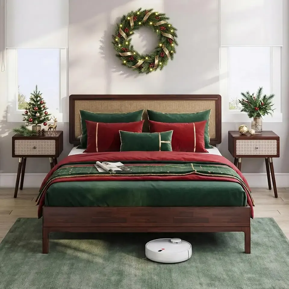 Nipe Queen 14 Inch Bohemian Bed Frame with Adjustable Woven Headboard - Rustic & Vintage Unique Style with Acacia Wood - No Box Spring Needed - Easy Assembly - Walnut