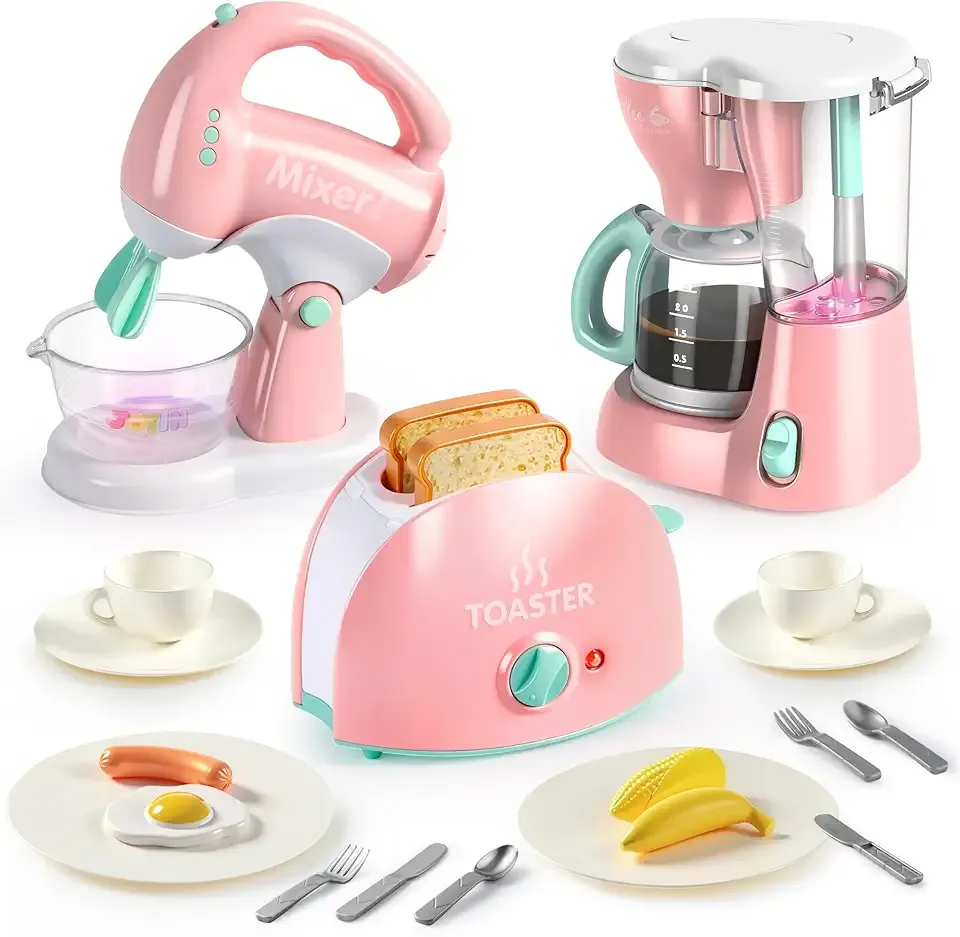 Joyin Play Kitchen Toys, Pretend Food Kitchen Accessories Girls Toy with Coffee Maker, Mixer, Toaster with Realistic Lights& Sounds, Birthday Gift for Kids Gifts for Christmas