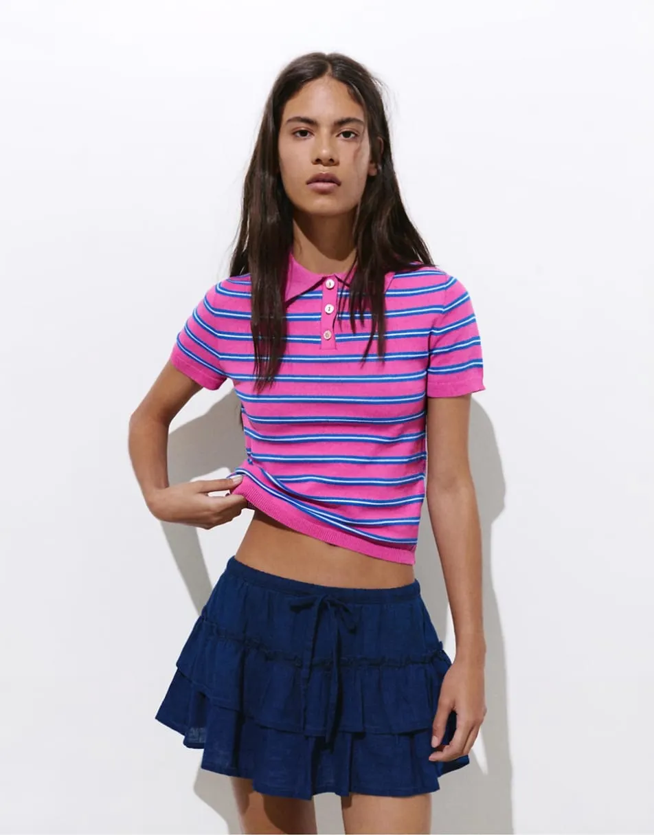 Pull&Bear Striped knit polo shirt in strawberry