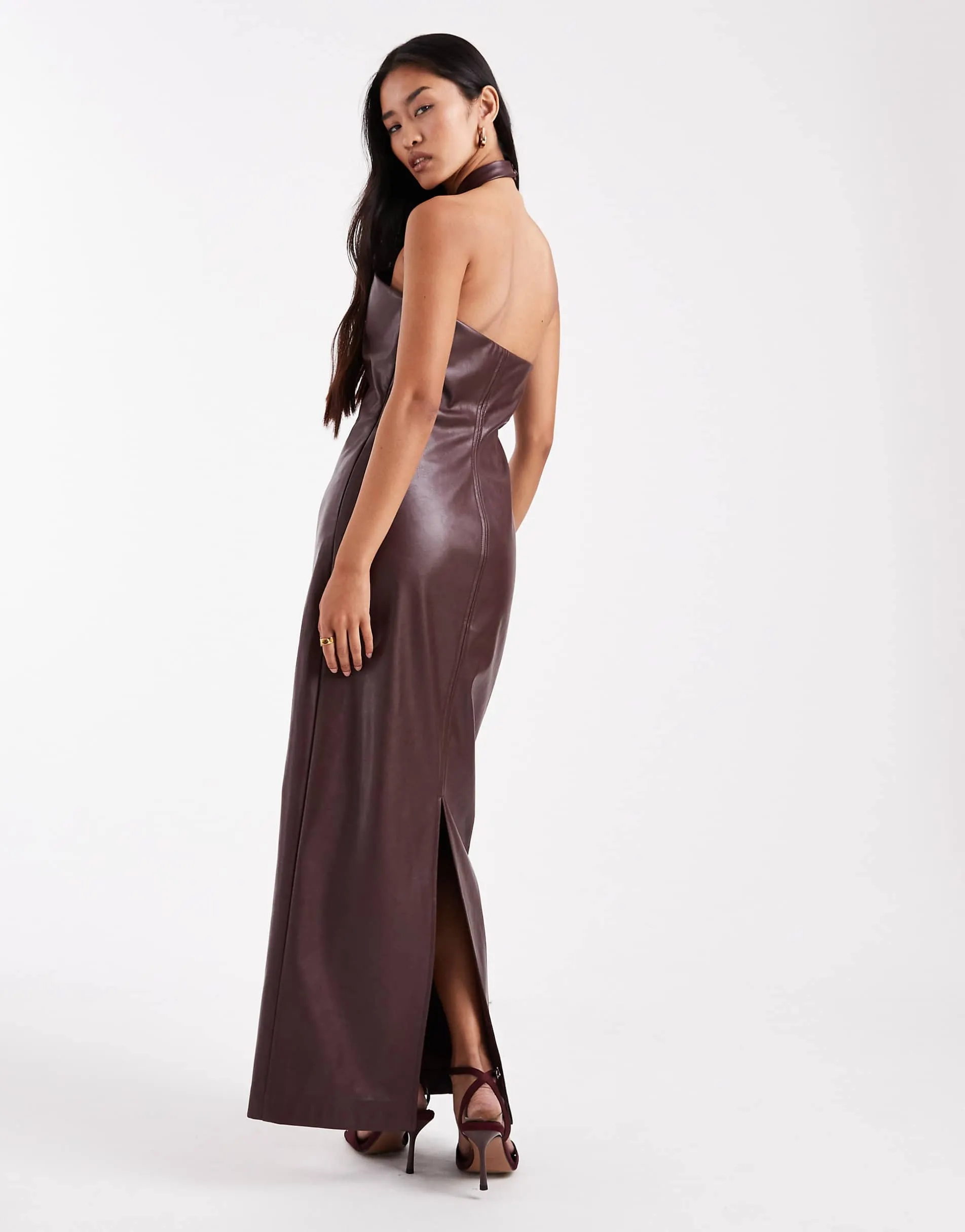4th & Reckless leather look gold hardware knot detail halterneck maxi dress in burgundy