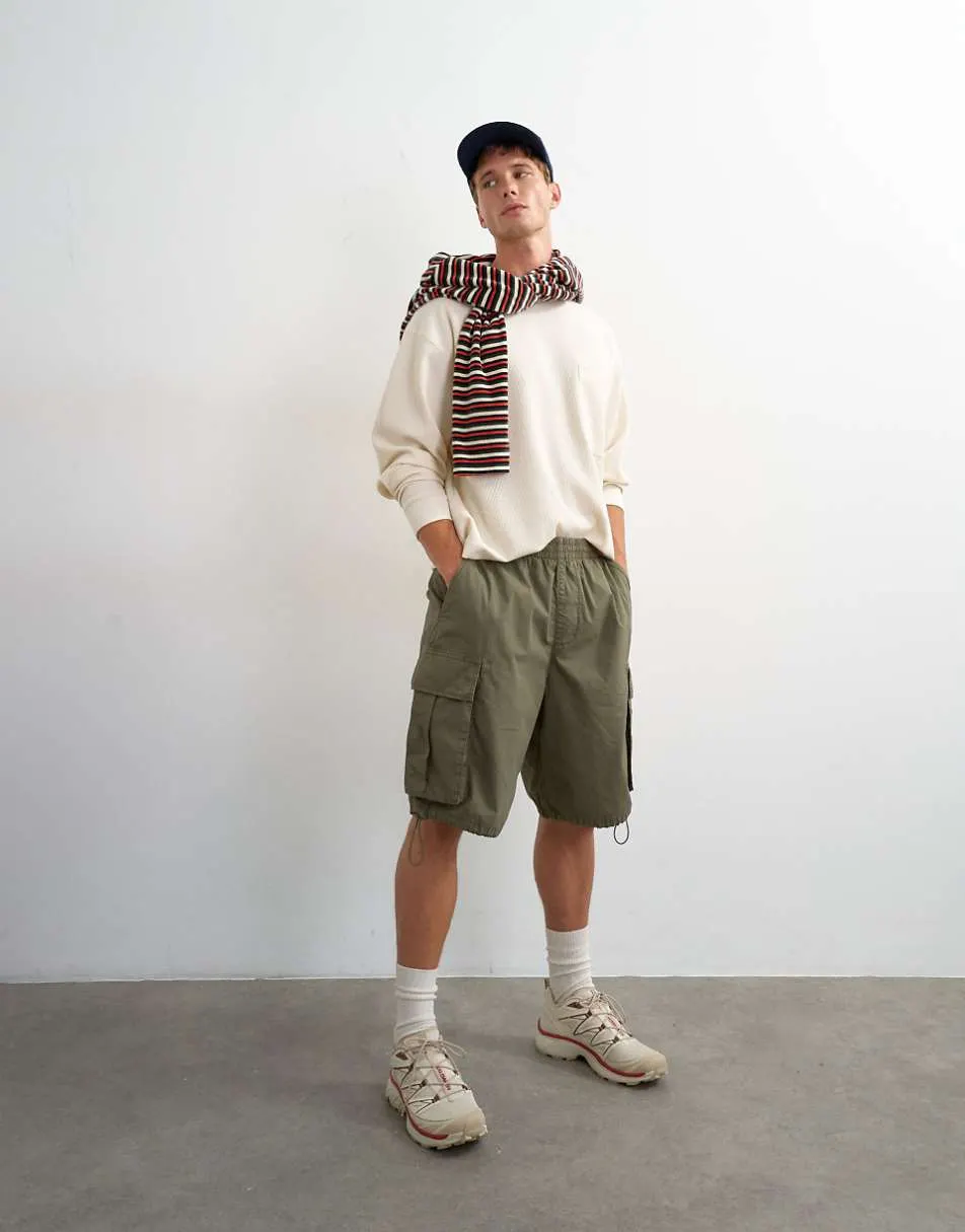 Topman relaxed fit crop pique waffle long sleeve t-shirt in ecru