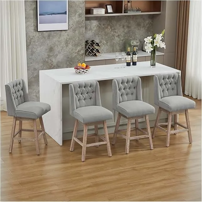 UDAX 28" Counter Height Barstools Set of 4, Swivel Bar Stools with Back, Linen Fabric Upholstered Bar Stools, Modern Barstools Wood Legs for Kitchen Island Dining Room Bar