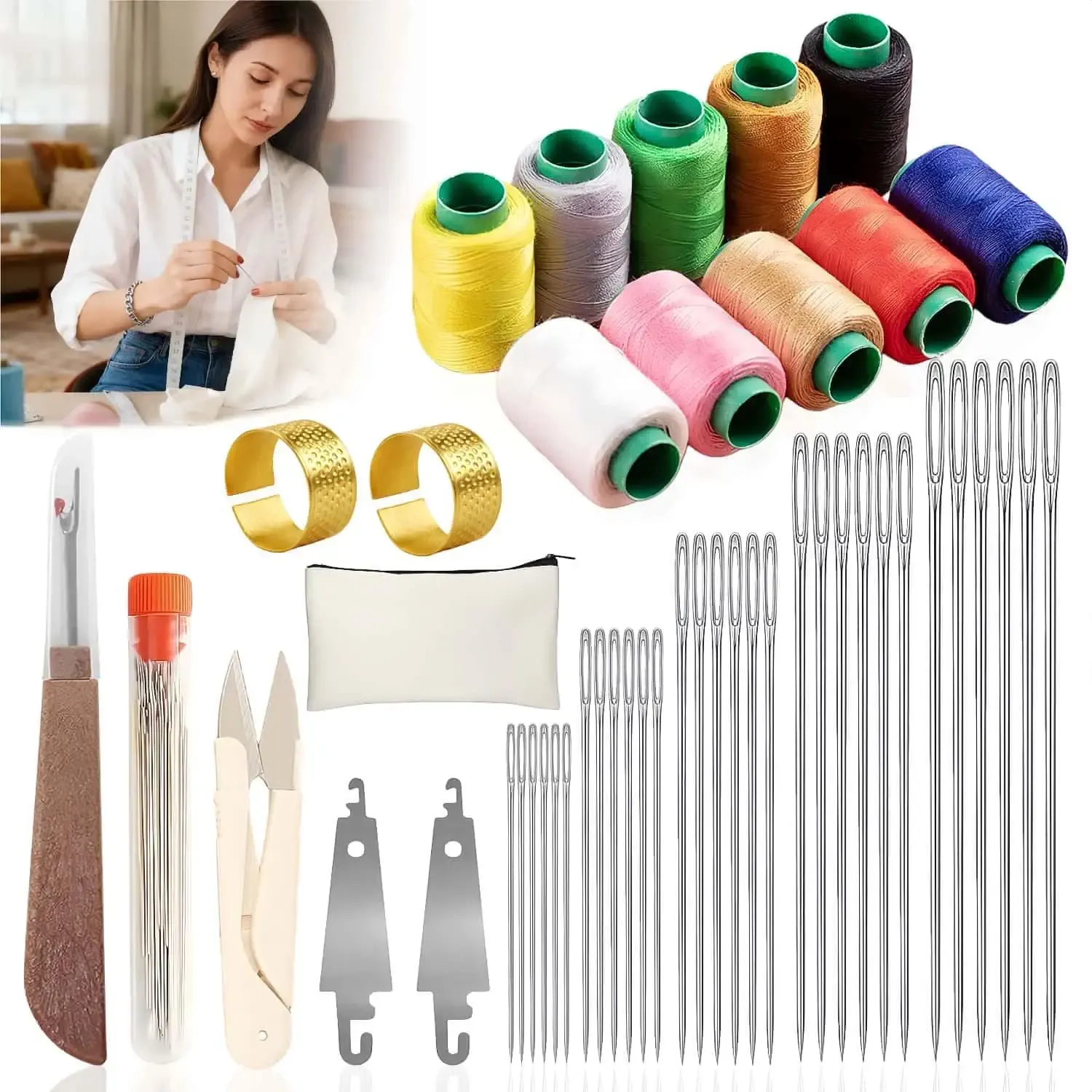 43pcs Big Eye Steel Sewing Kits Christmas White Elephant Gifts for Grandma Adults Teen Girls Beginner Traveler DIY Craft Enthusiasts, Threader and Stainless Steel Sewing Needles, Storage Pouch