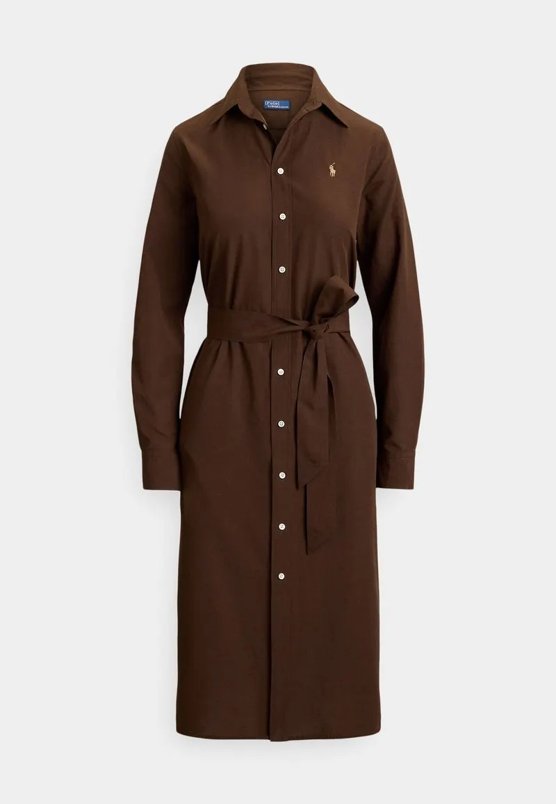 COTTON-LINEN BELTED SHIRTDRESS - Skjortekjole - dark brown