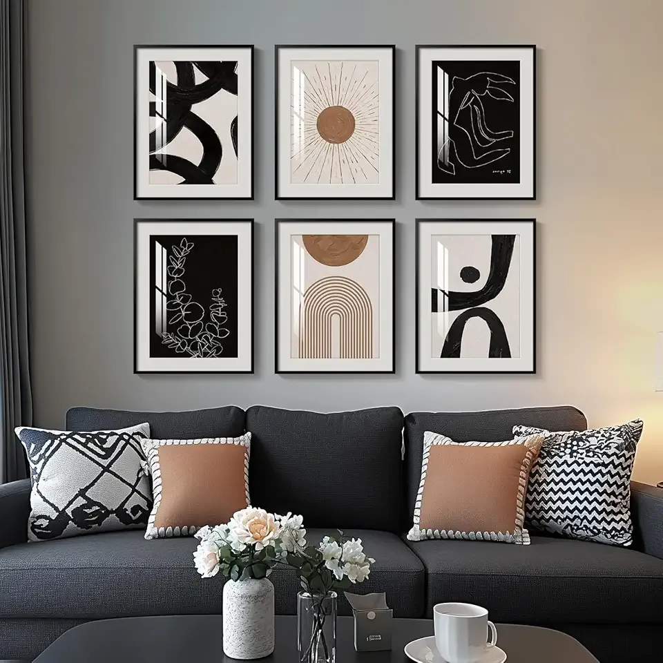 Framed Boho Black and White Brown Modern Abstract Wall Art for Living Room, Set of 6 Bohemian Wall Hanging Artwork, Minimalist Sun Geometric Pictures for Bedroom Office Bathroom Wall Decor 11x14 Inch