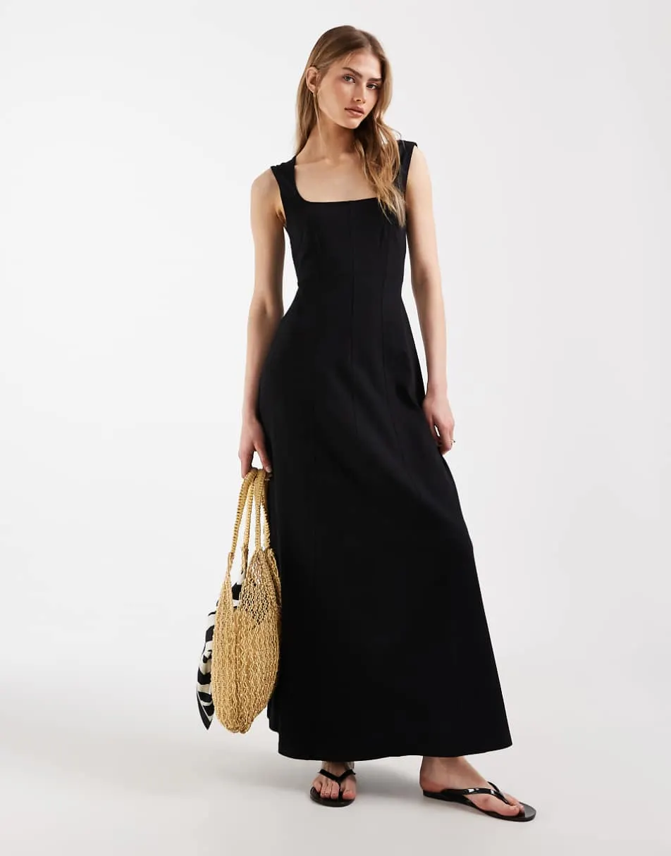 ASOS DESIGN square neck seam detail midi dress in black