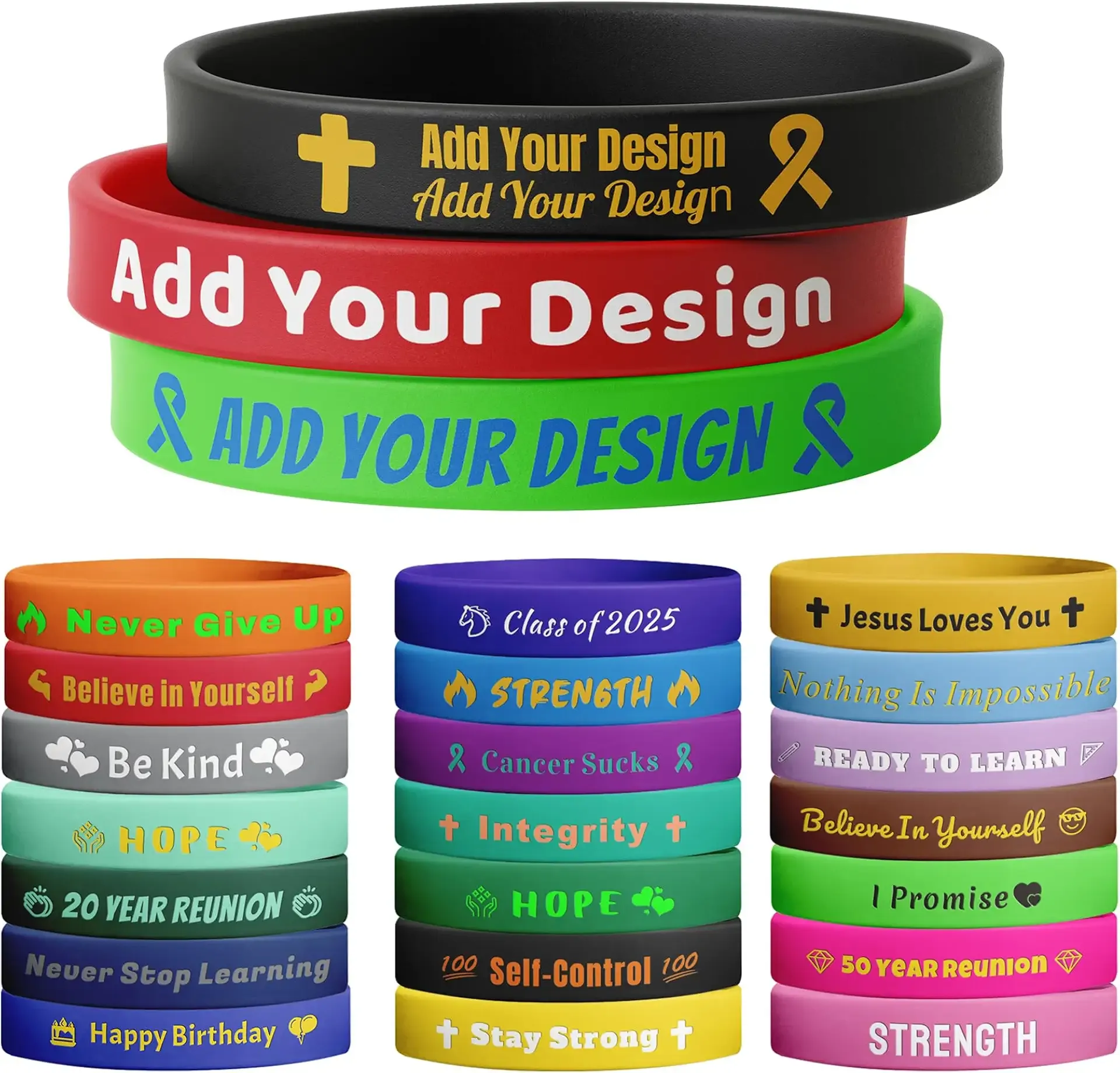 10-5000 Pcs Custom Rubber Bracelet with Text Clipart Logo for Adults, 0.5 Inch Wide Personalized Silicone Wristbands Bulk for Events, Christmas, Support, Fundraisers, Awareness