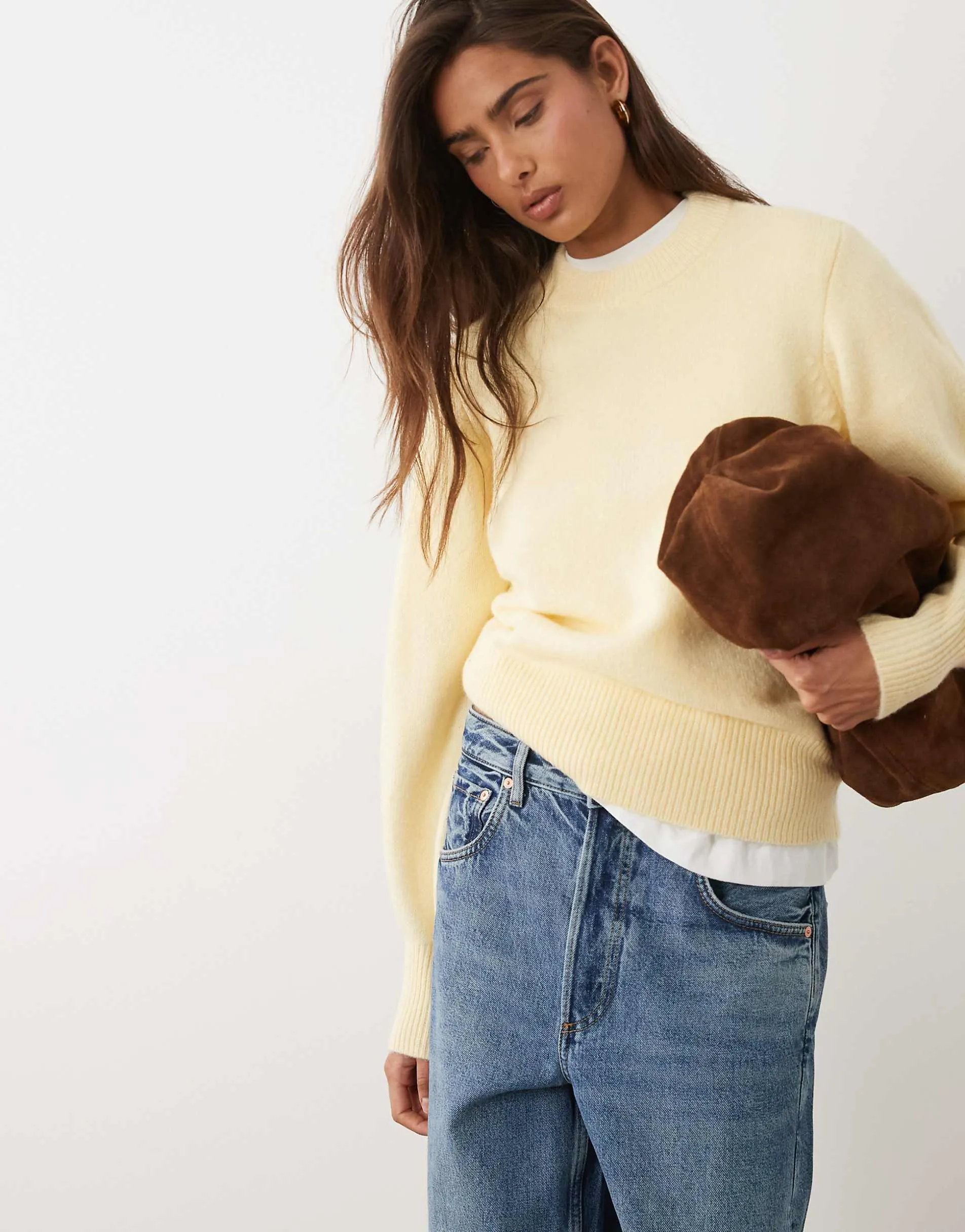 ASOS DESIGN waisted crew neck jumper with wool in buttermilk