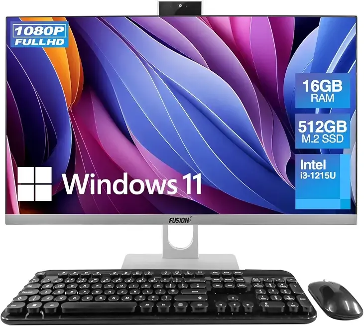 Fusion5 23.8" Full HD All in One PC Desktop Computer - 16GB RAM, 512GB SSD, i3-1215U 6-Core Processor up to 4.40 GHz, Windows 11, HDMI, USB 3.0 - AIO PC with Wireless Keyboard, Mouse, 3MP Web Camera