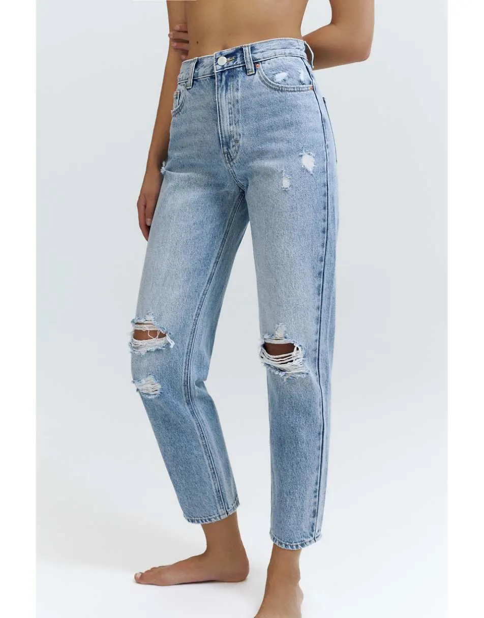 Pull&Bear Ripped mom fit jeans in indigo