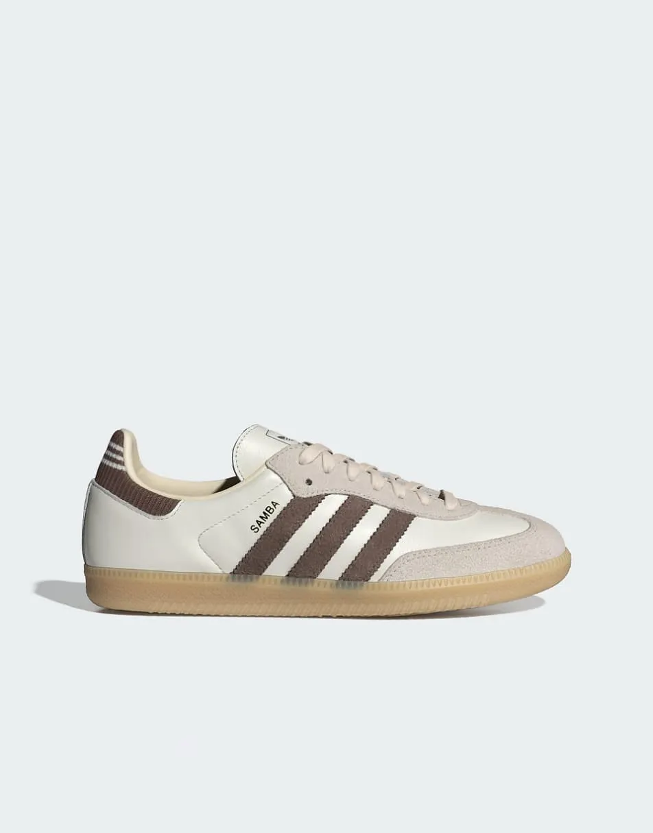 adidas Originals Samba OG trainers in off white and brown with gum sole