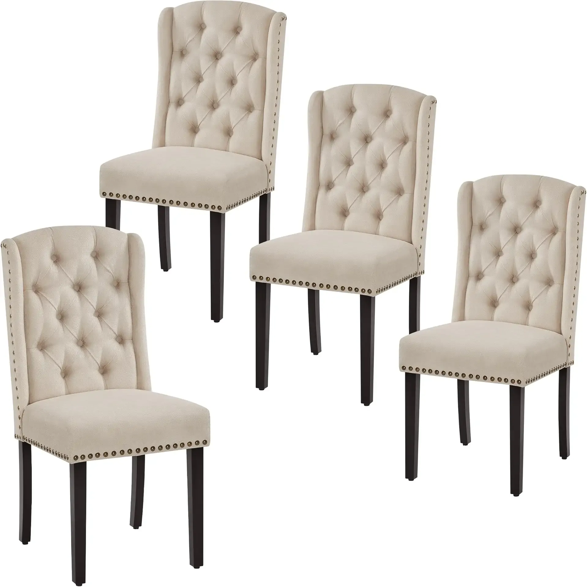 Yaheetech Upholstered Dining Chairs Set of 4 Button Tufted Kitchen Chairs with Solid Wood Legs and Nailhead Trims for Dining Room, Living Room, Restaurant, Beige