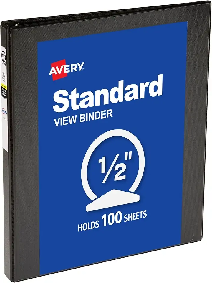 Avery Standard View 3 Ring Binder, 0.5" Round Rings, 100-Sheet Capacity, 0.7 Inch Wide Spine, 1 Black Binder, Ideal for Lightweight Organization and Occasional Referencing (05751)