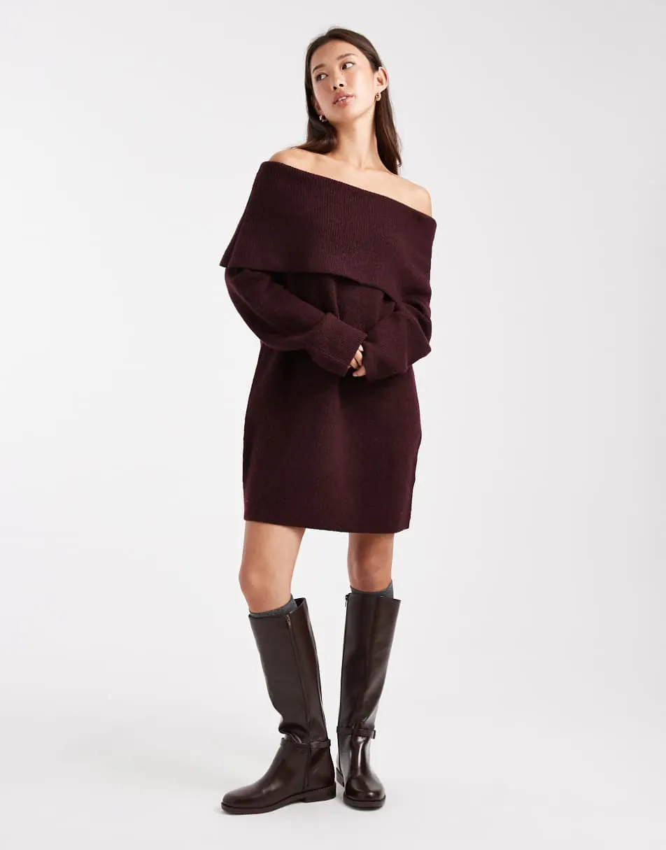 Miss Selfridge foldover bardot mini dress in chocolate