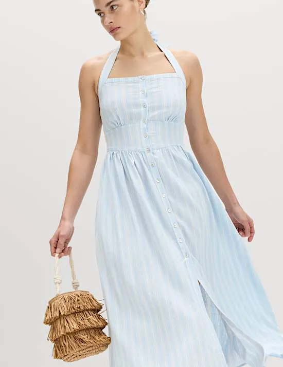 Maxi-Kleid mit hohem Leinenanteil und Neckholder