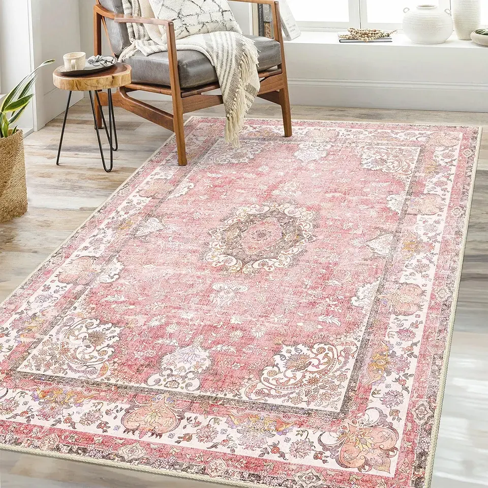 Pink Rug 3'x5',Washable Area Rugs for Bedroom Living Room Kitchen Entryway Bedside,Small Boho Vintage Bohemian Distressed Oriental Non Slip Carpet,Blush Floral Flowers
