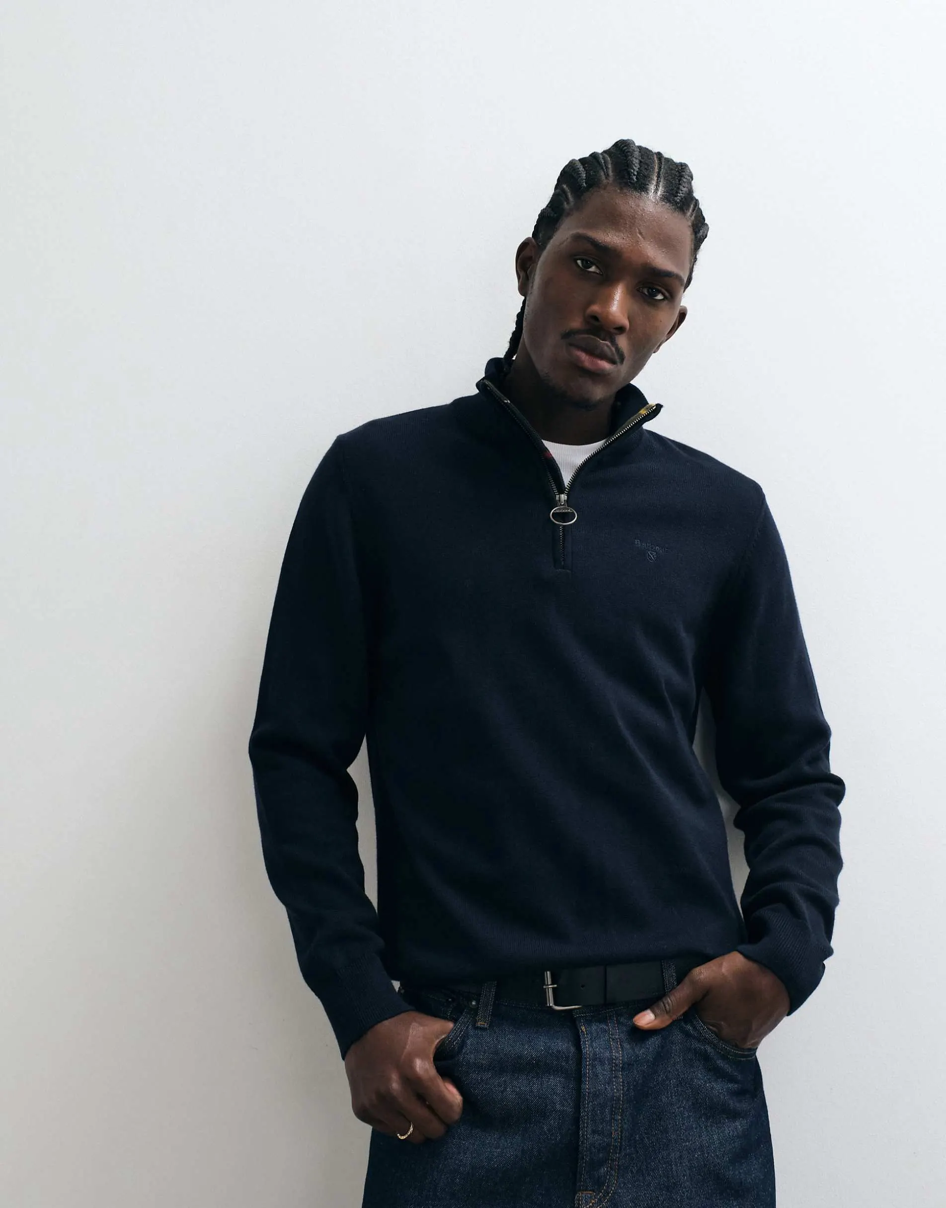Barbour half zip knitted logo jumper in navy