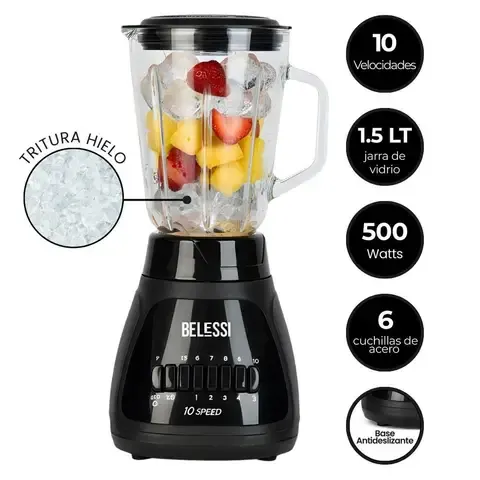 Licuadora 10 Velocidades + Pulso - 500W 1.5L Tritura Hielo, Vaso de Vidrio