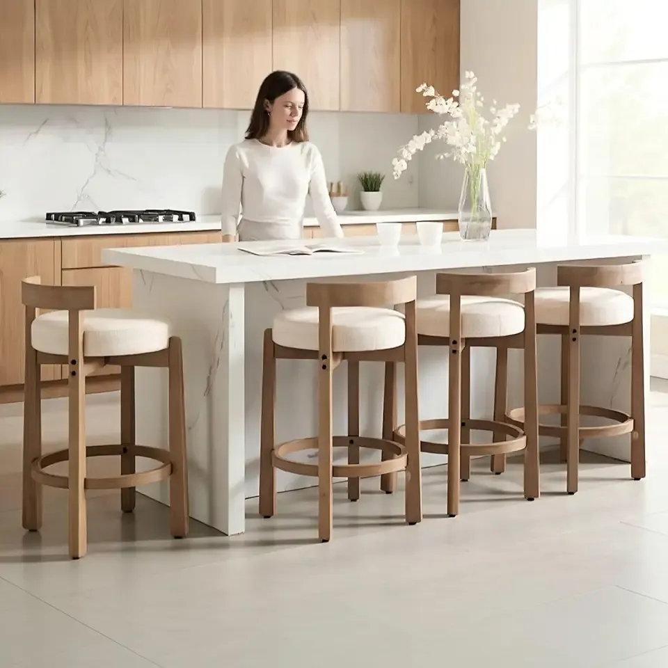 LukeAlon Mid Century Linen Counter Stools Set of 4, Upholstered 26.5” Seat Height Low Barstools with Natural Wood Legs Round Low Back Kitchen Stools with Footrest for Dining Room, Beige