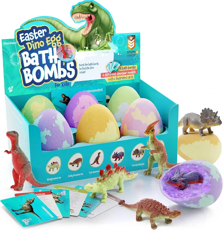 Dan&Darci Dino Egg Bath Bombs for Kids - Easter Basket Stuffers - Kid Baths Bomb with Surprise Inside - Dinosaur Toys Gift for Boys and Girls Ages 6 7 8 Years Old Gifts - Fun Educational Toy Fizzy